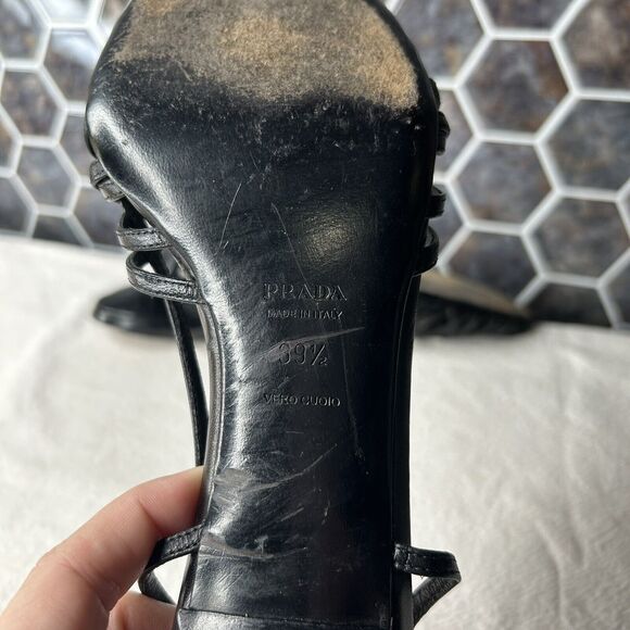 Prada Cuoio Strappy Slingback Kitten Heel Open Toe Size 39.5 Black *READ - Picture 10 of 12